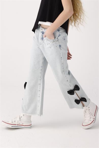 Mojo Kız Çocuk 8-14 Yaş Taşlı Fiyonklu Palazzo Pantolon 12049 Kot Mavi