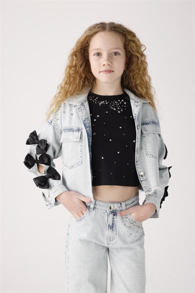 Mojo Kız Çocuk 8-14 Yaş Taşlı Fiyonklu Denim Ceket 20027 Kot Mavi