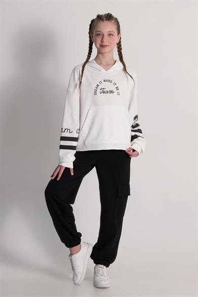 Mojo Kız Çocuk 9-14 Yaş Baskılı Kapüşonlu Sweatshirt 9714 Ekru