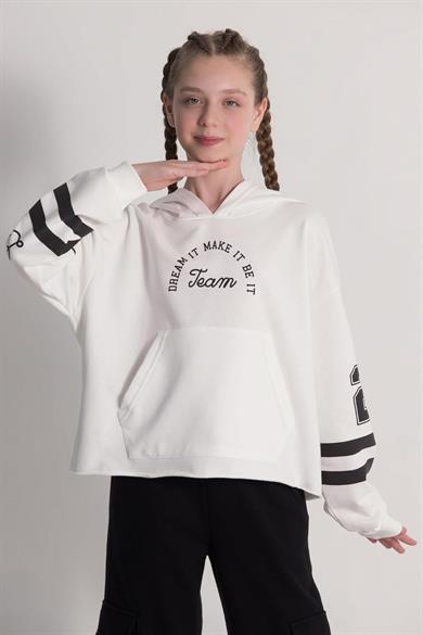 Mojo Kız Çocuk 9-14 Yaş Baskılı Kapüşonlu Sweatshirt 9714 Ekru