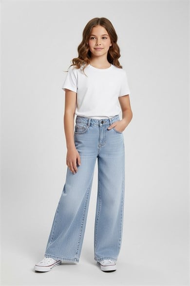Mojo Kız Çocuk 9-14 Yaş Bol Paça Denim Pantolon Kot Mavi