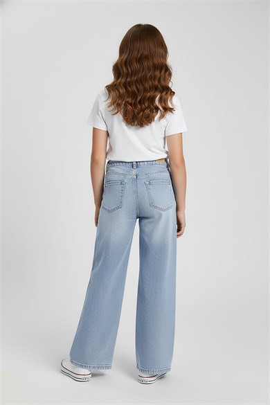 Mojo Kız Çocuk 9-14 Yaş Bol Paça Denim Pantolon Kot Mavi