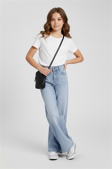 Mojo Kız Çocuk 9-14 Yaş Bol Paça Denim Pantolon Kot Mavi