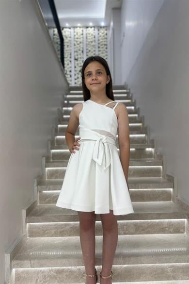 Mojo Kız Çocuk 9-14 Yaş Kurdele Detaylı Kısa Abiye Elbise 705 Ekru