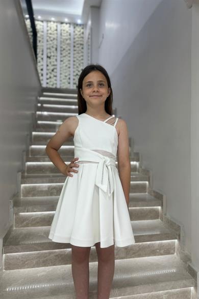 Mojo Kız Çocuk 9-14 Yaş Kurdele Detaylı Kısa Abiye Elbise 705 Ekru