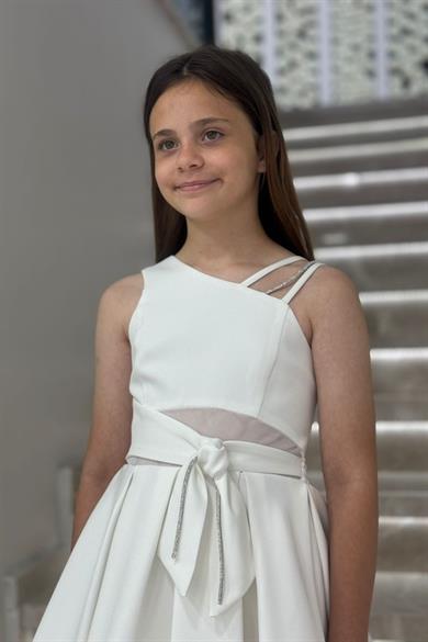 Mojo Kız Çocuk 9-14 Yaş Kurdele Detaylı Kısa Abiye Elbise 705 Ekru