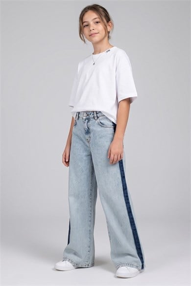Mojo Kız Çocuk 9-14 Yaş Şerit Detaylı Palazzo Denim Pantolon Kot Mavi