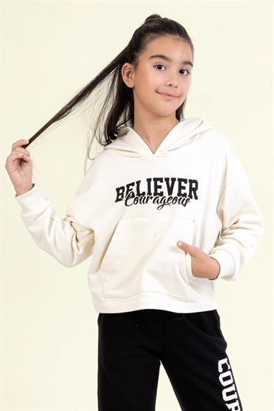 Mojo Kız Çocuk 9-14 Yaş Sırt Baskılı Kapüşonlu Sweatshirt Krem
