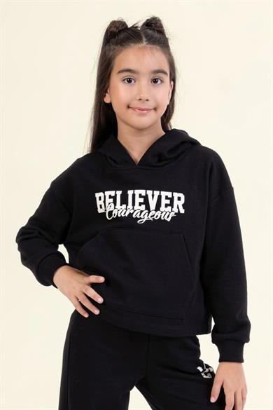 Mojo Kız Çocuk 9-14 Yaş Sırt Baskılı Kapüşonlu Sweatshirt Siyah