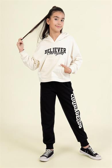 Mojo Kız Çocuk 9-14 Yaş Sırt Baskılı Kapüşonlu Sweatshirt Krem