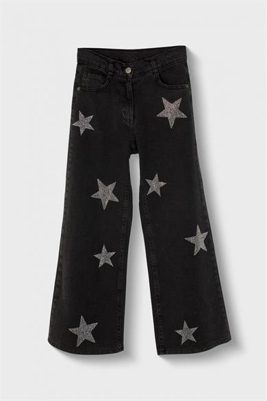 Mojo Kız Çocuk 9-14 Yaş Taşlı Yıldız İşlemeli Palazo Denim Pantolon Füme