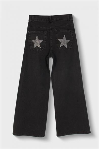 Mojo Kız Çocuk 9-14 Yaş Taşlı Yıldız İşlemeli Palazo Denim Pantolon Füme
