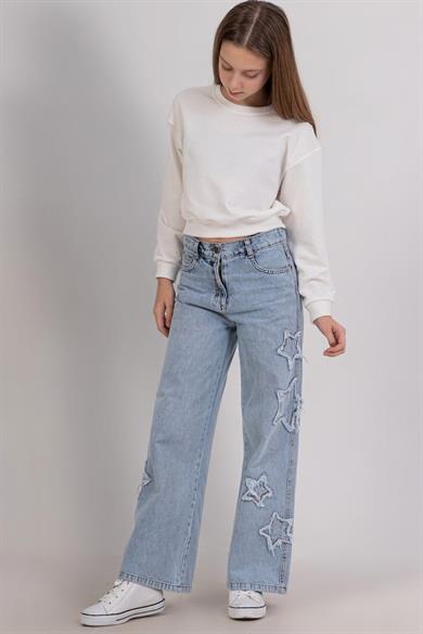 Mojo Kız Çocuk 9-14 Yaş Yıldız Nakışlı Denim  Palazzo Kot Mavi