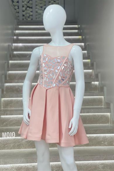 Mojo Kız Çocuk Aynalı Taş İşlemeli Kısa Abiye Elbise 529 Pudra