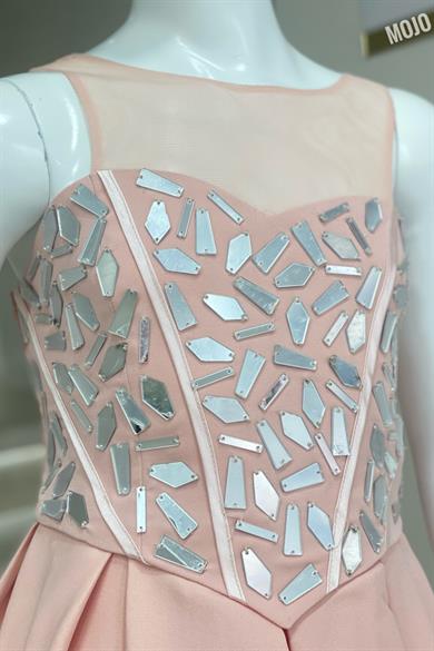 Mojo Kız Çocuk Aynalı Taş İşlemeli Kısa Abiye Elbise 529 Pudra