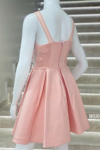 Mojo Kız Çocuk Aynalı Taş İşlemeli Kısa Abiye Elbise 529 Pudra