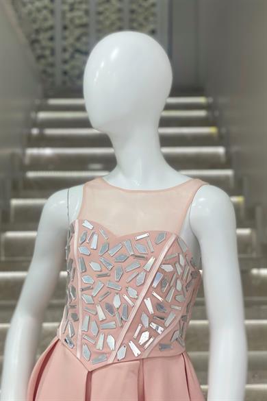 Mojo Kız Çocuk Aynalı Taş İşlemeli Kısa Abiye Elbise 529 Pudra