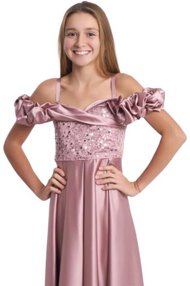 Mojo Kız Çocuk Balon Kol Pullu Saten Abiye Elbise 5743 Pudra