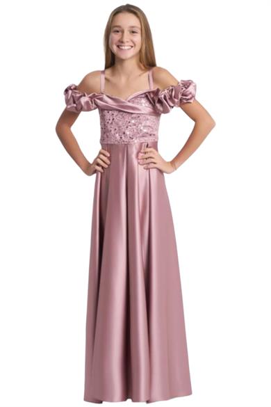 Mojo Kız Çocuk Balon Kol Pullu Saten Abiye Elbise 5743 Pudra