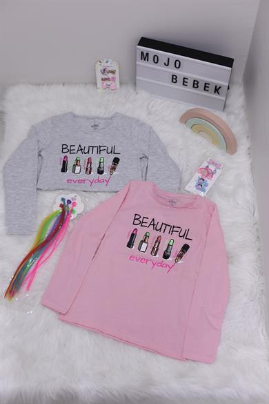 Mojo Kız Çocuk Beautıful Baskılı Uzun Kol T-shirt 723129 Gri