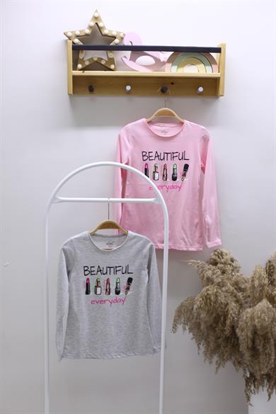 Mojo Kız Çocuk Beautıful Baskılı Uzun Kol T-shirt 723129 Gri