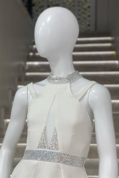 Mojo Kız Çocuk Boyun ve Kemeri Taş İşlemeli Kısa Abiye Elbise 528 Ekru