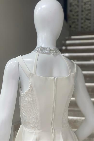 Mojo Kız Çocuk Boyun ve Kemeri Taş İşlemeli Kısa Abiye Elbise 528 Ekru