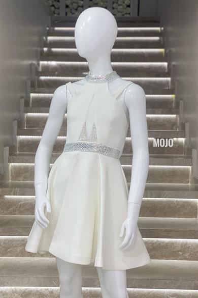 Mojo Kız Çocuk Boyun ve Kemeri Taş İşlemeli Kısa Abiye Elbise 528 Ekru