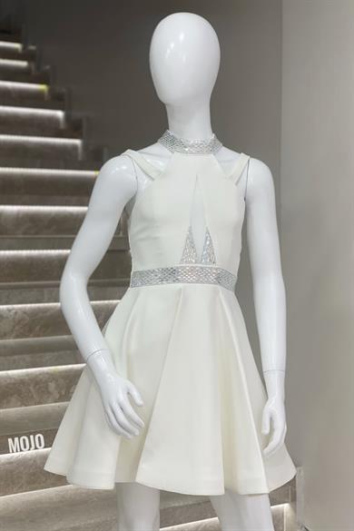 Mojo Kız Çocuk Boyun ve Kemeri Taş İşlemeli Kısa Abiye Elbise 528 Ekru