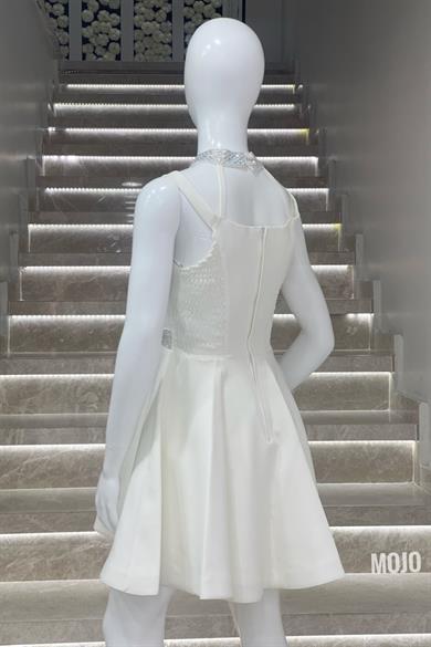 Mojo Kız Çocuk Boyun ve Kemeri Taş İşlemeli Kısa Abiye Elbise 528 Ekru