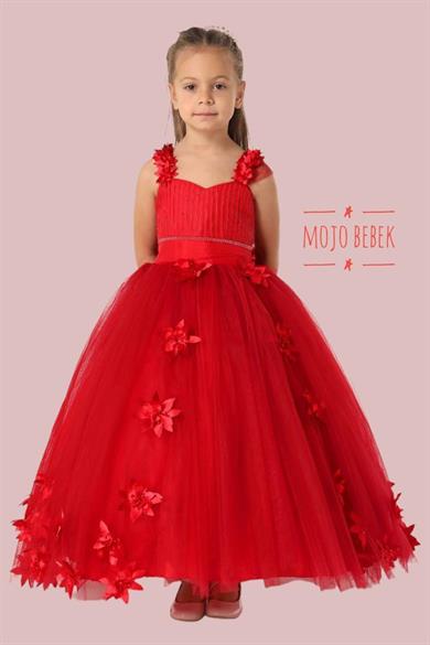 Mojo Kız Çocuk Çiçek Detaylı Tarlatanlı Gelinlik 6042 Kırmızı