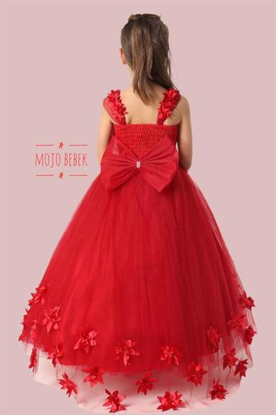 Mojo Kız Çocuk Çiçek Detaylı Tarlatanlı Gelinlik 6042 Kırmızı