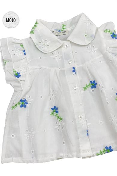 Mojo Kız Çocuk Çiçek İşlemeli Güpür Gömlek 35472 Ekru-Mavi