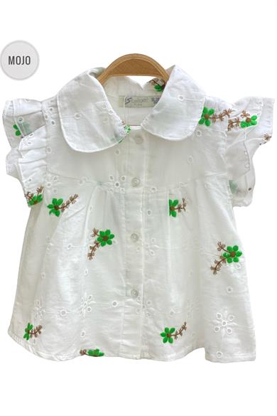 Mojo Kız Çocuk Çiçek İşlemeli Güpür Gömlek 35472 Ekru-Yeşil
