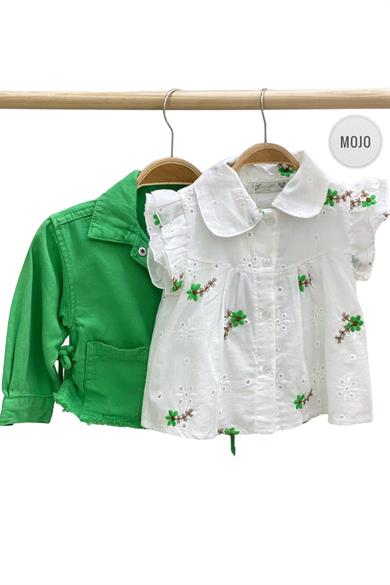 Mojo Kız Çocuk Çiçek İşlemeli Güpür Gömlek 35472 Ekru-Yeşil