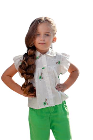 Mojo Kız Çocuk Çiçek İşlemeli Güpür Gömlek 35472 Ekru-Yeşil