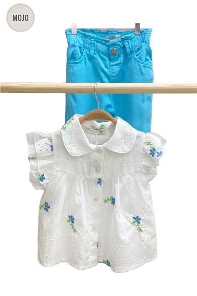 Mojo Kız Çocuk Çiçek İşlemeli Güpür Gömlek 35472 Ekru-Mavi