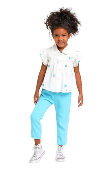 Mojo Kız Çocuk Çiçek İşlemeli Güpür Gömlek 35472 Ekru-Mavi