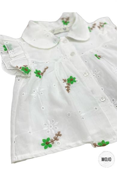 Mojo Kız Çocuk Çiçek İşlemeli Güpür Gömlek 35472 Ekru-Yeşil