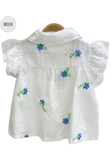 Mojo Kız Çocuk Çiçek İşlemeli Güpür Gömlek 35472 Ekru-Mavi