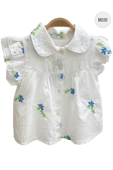 Mojo Kız Çocuk Çiçek İşlemeli Güpür Gömlek 35472 Ekru-Mavi