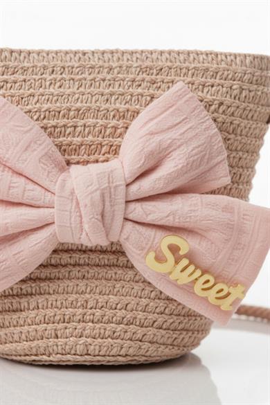 Mojo Kız Çocuk Fiyonk Detaylı Rattan Kumaş Örgülü Hasır Çanta Pembe