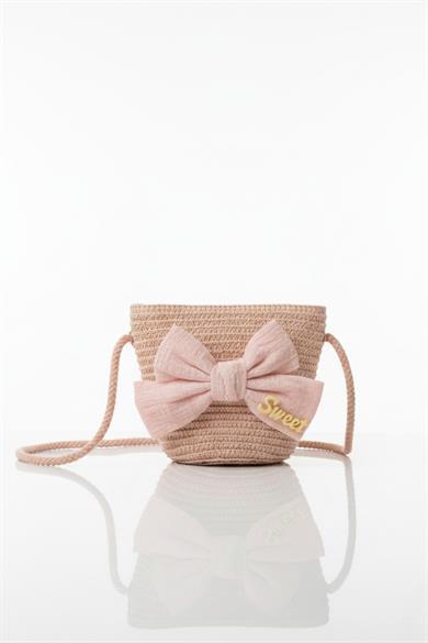 Mojo Kız Çocuk Fiyonk Detaylı Rattan Kumaş Örgülü Hasır Çanta Pembe