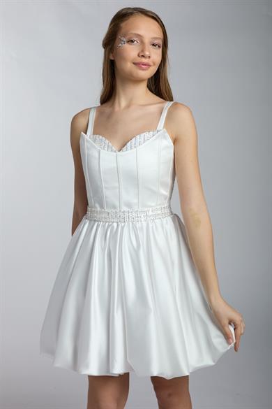 Mojo Kız Çocuk İp Askılı Balon Etek Kısa Abiye Elbise Beyaz
