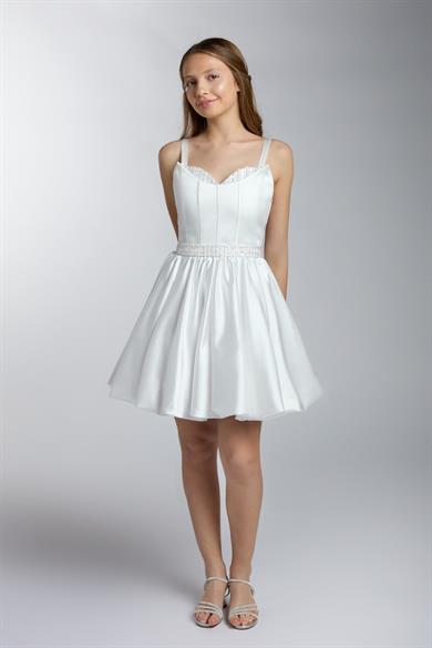 Mojo Kız Çocuk İp Askılı Balon Etek Kısa Abiye Elbise Beyaz