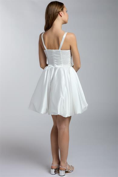 Mojo Kız Çocuk İp Askılı Balon Etek Kısa Abiye Elbise Beyaz