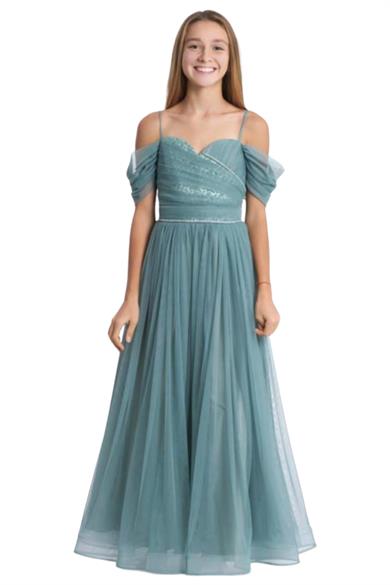 Mojo Kız Çocuk Kalp Yaka Taş Desen Şifon Abiye Elbise 5739 Yeşil