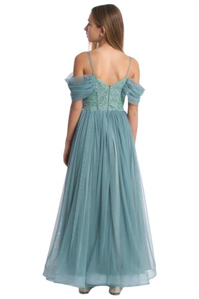 Mojo Kız Çocuk Kalp Yaka Taş Desen Şifon Abiye Elbise 5739 Yeşil