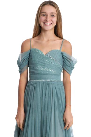 Mojo Kız Çocuk Kalp Yaka Taş Desen Şifon Abiye Elbise 5739 Yeşil