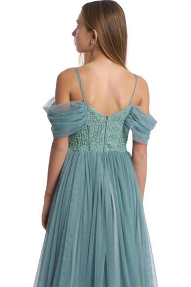 Mojo Kız Çocuk Kalp Yaka Taş Desen Şifon Abiye Elbise 5739 Yeşil